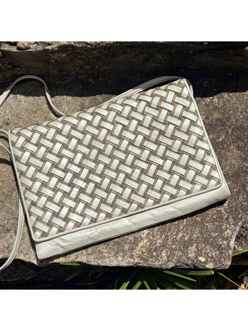 Vintage Sharif Woven Leather Shoulder Bag Pearlized White Gray Crossbody Purse